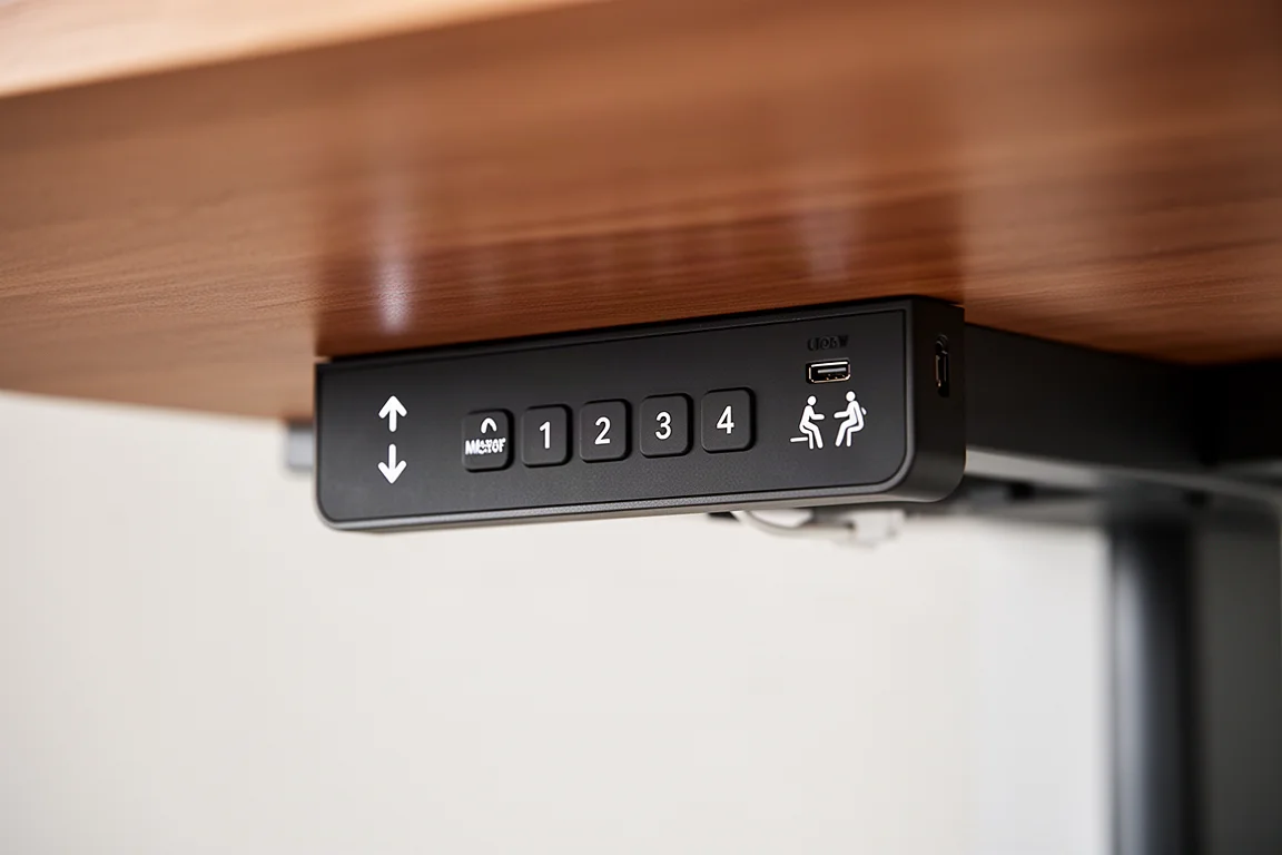Standing desk control panel with memory preset buttons and USB port