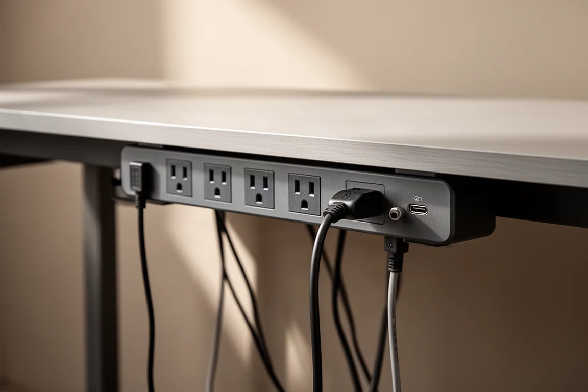 Under-desk clamp power strip with widely spaced outlets and USB-C ports