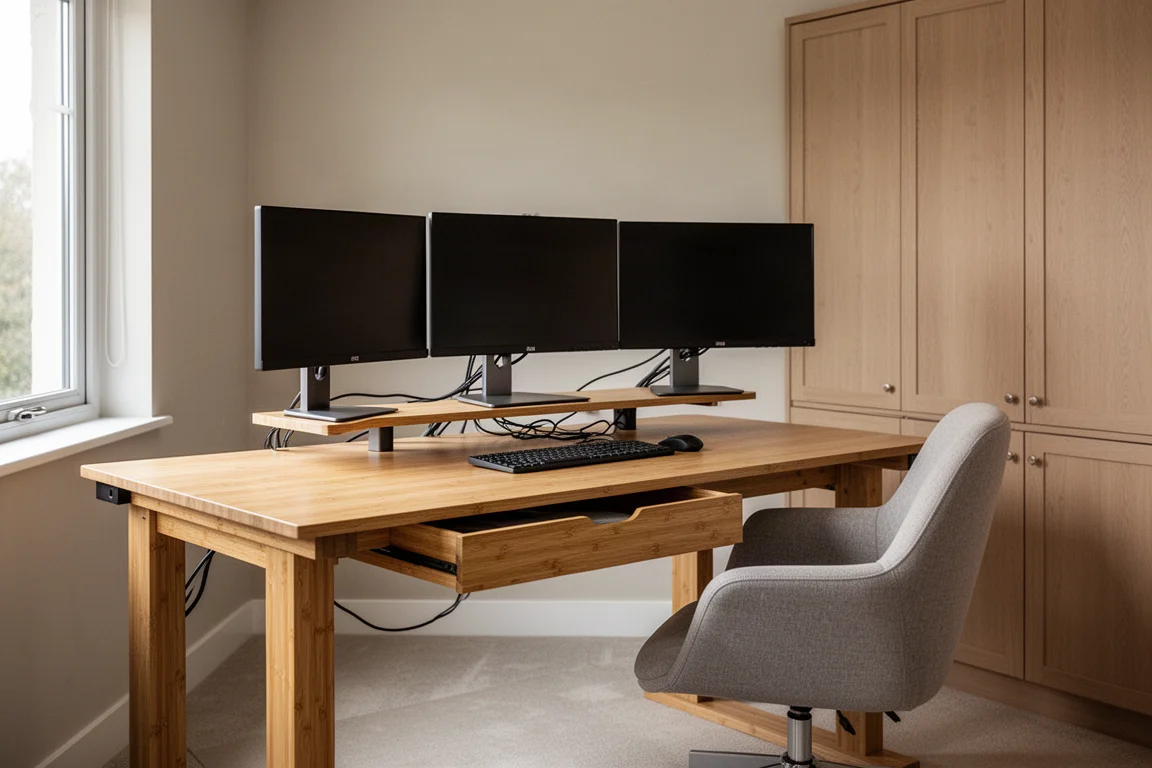 Tidy home office with three monitors, organized desk, and decluttered workspace
