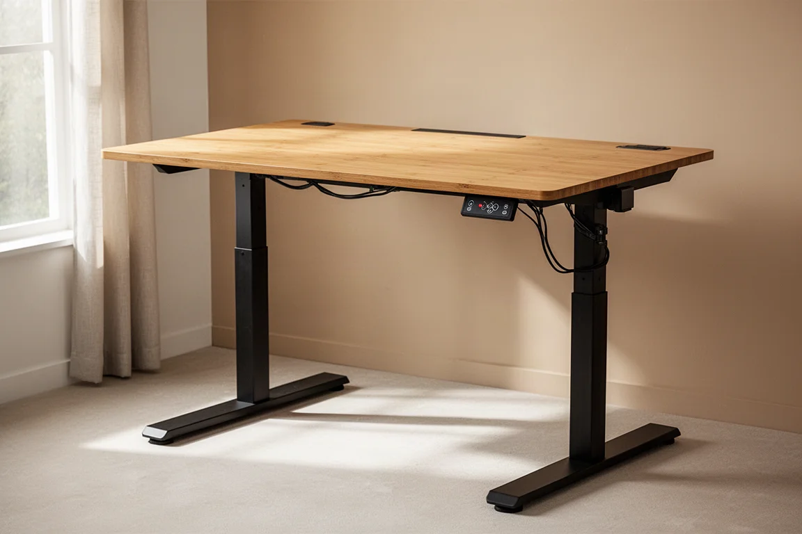 FlexiSpot E7 Pro Plus standing desk with bamboo top in a tidy home office