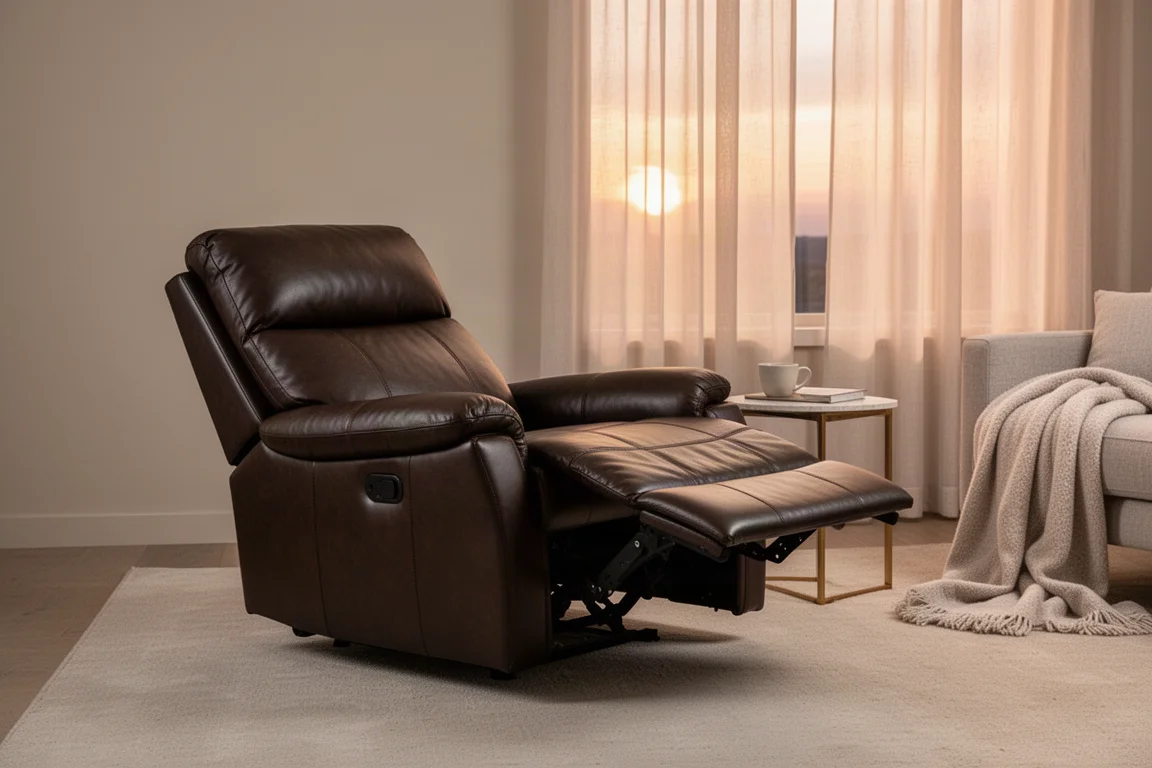 Persoon ontspant volledig liggend in een donker leren fauteuil in een warme woonkamer