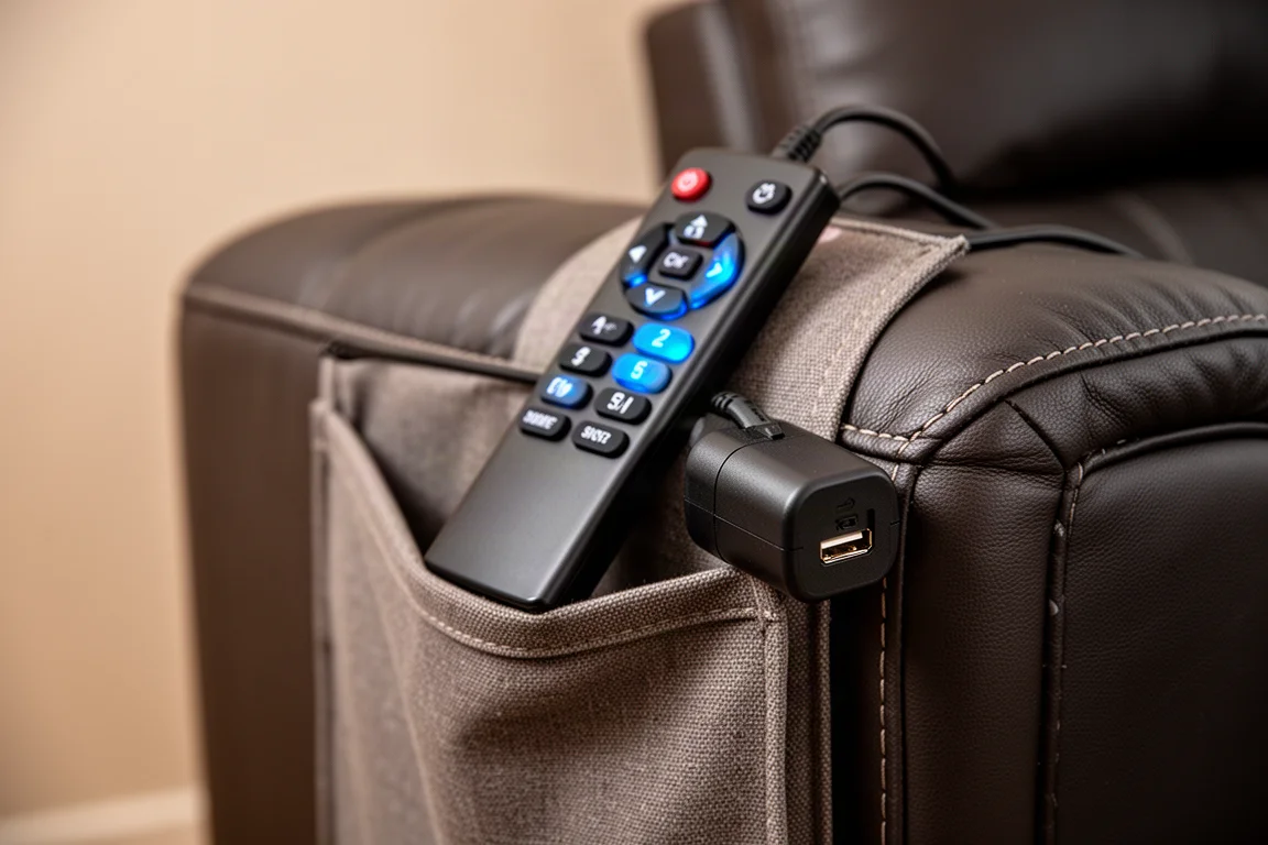 Close-up van bekabelde afstandsbediening met verlichte knoppen en USB-poort