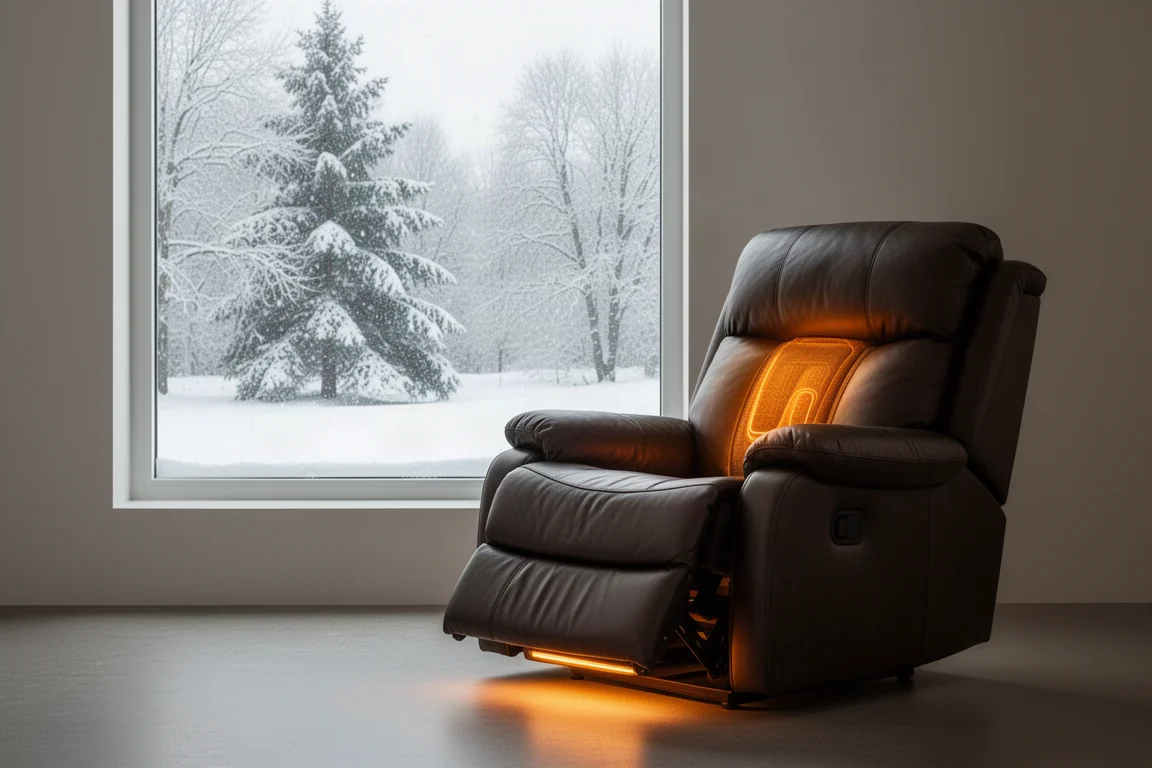 Verwarmd massage-fauteuil in een besneeuwde winterse woonkamer met warme gloed