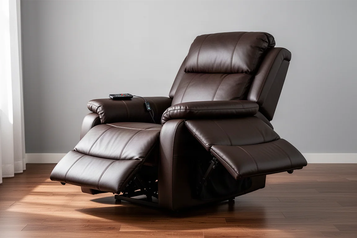 Dark brown leather heated massage recliner half-reclined with wired remote on armrest