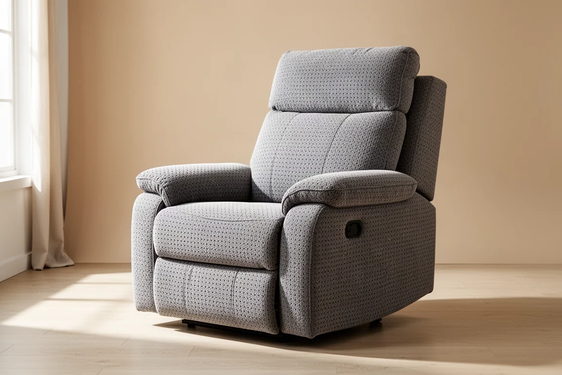 Gray chenille lift recliner chair in a bright minimal living room
