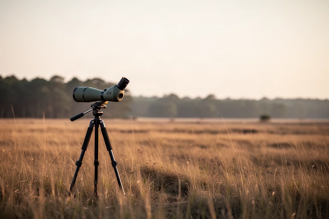 Luneta obserwacyjna na statywie ustawiona na otwartej łące o złotej godzinie