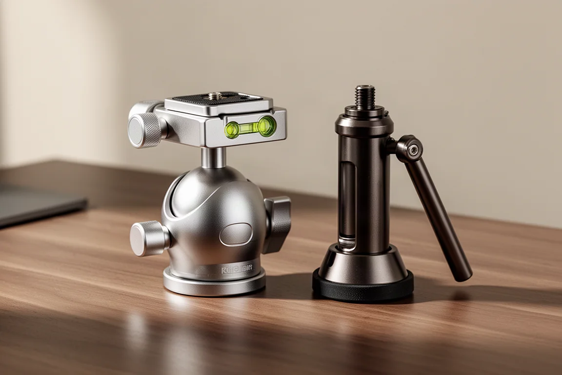 Testa tripod Flexshooter e piede per treppiede Colorado Tripod Co su una scrivania in legno