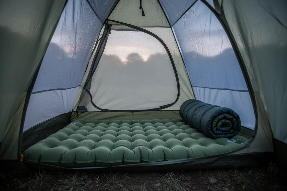 Inflated sleeping pad inside a small tent at dusk with soft light through the fabric