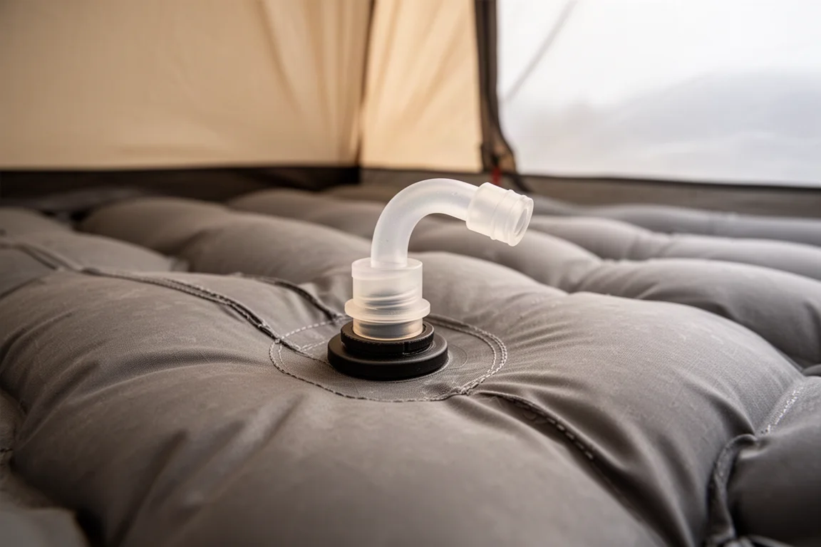 Flexible adapter seated on a sleeping pad valve inside a tent during morning light
