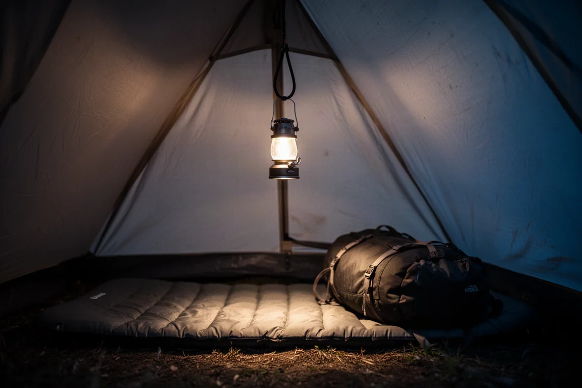 Small lantern hanging inside a tent casting warm light on sleeping gear at night