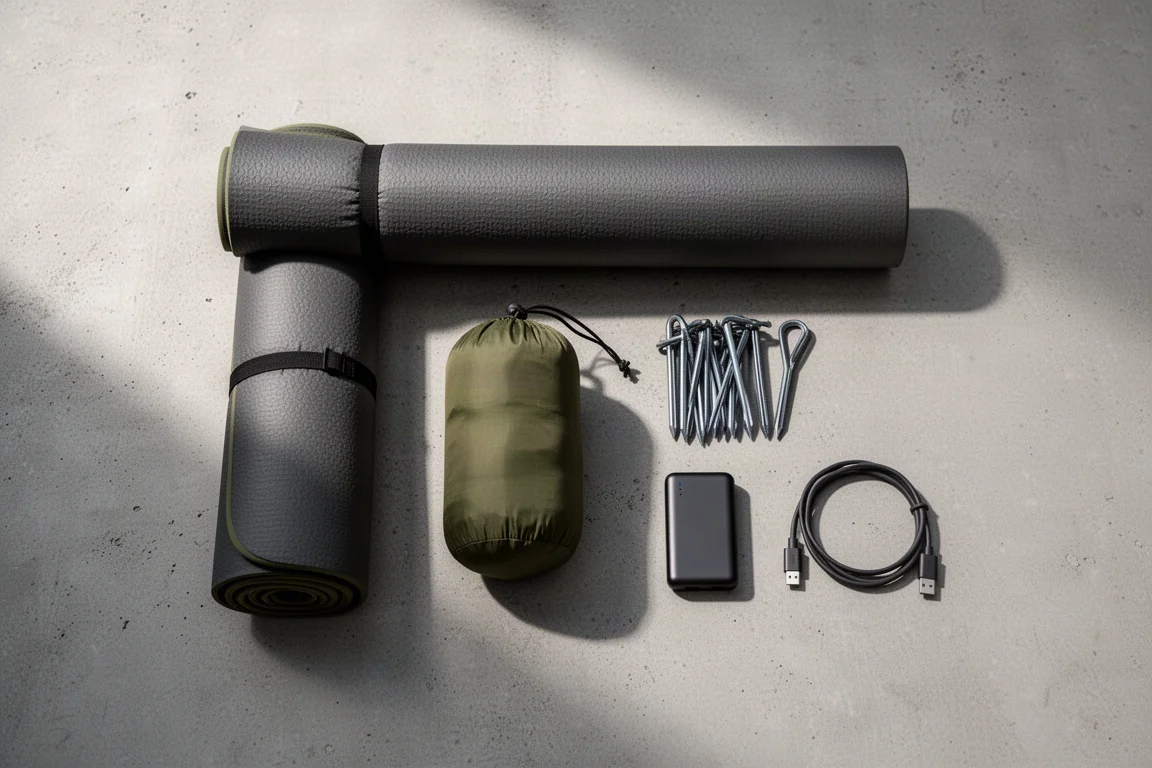 Flat-lay of camping accessories on concrete with sleeping pad and stuff sack