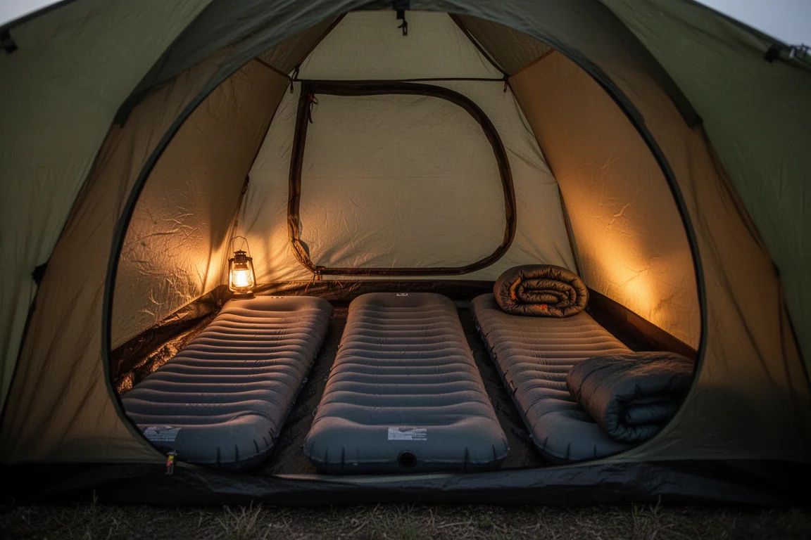 Interior of a large dome tent at dusk with two inflated sleeping pads on the floor