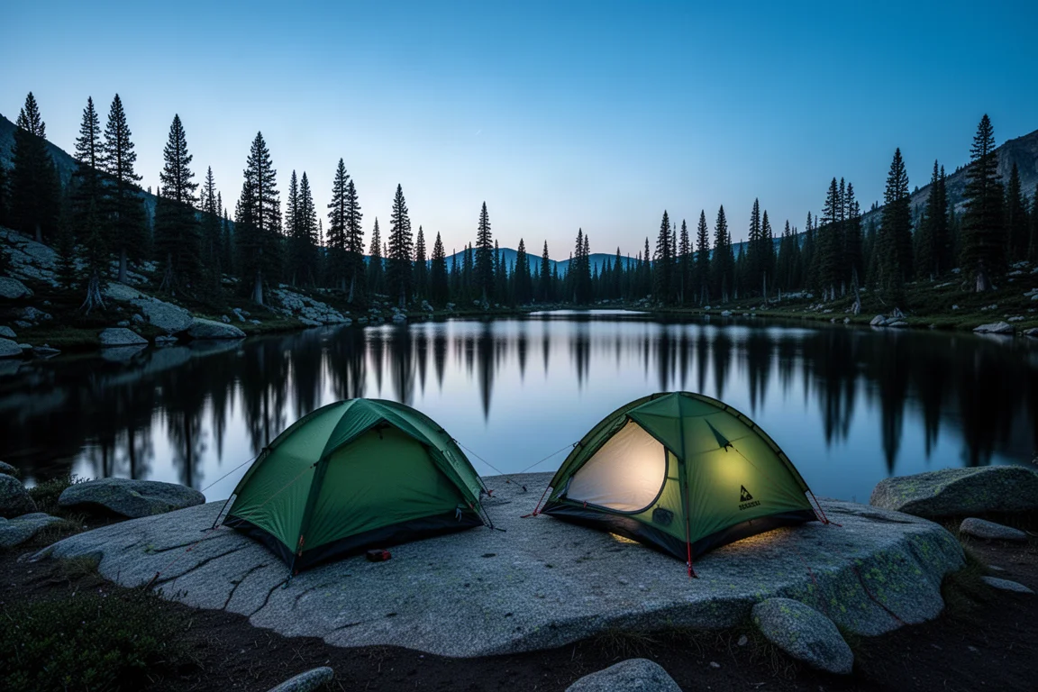 Quiet forest campsite at first light with a small tent among tall pines