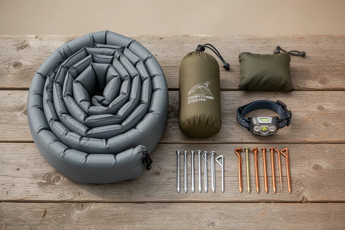 Flat lay of sleeping pad, quilt, pump sack and compact pump on wood planks