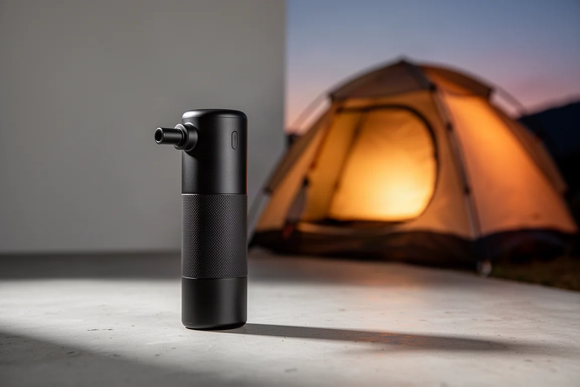 Compact rechargeable air pump and camp lantern on slate beside a rolled camping mat