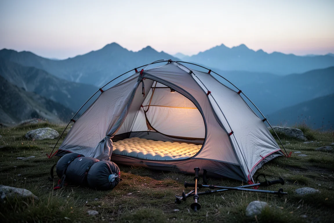Ultralight tent pitched on a grassy campsite at dusk with a sleeping pad visible inside