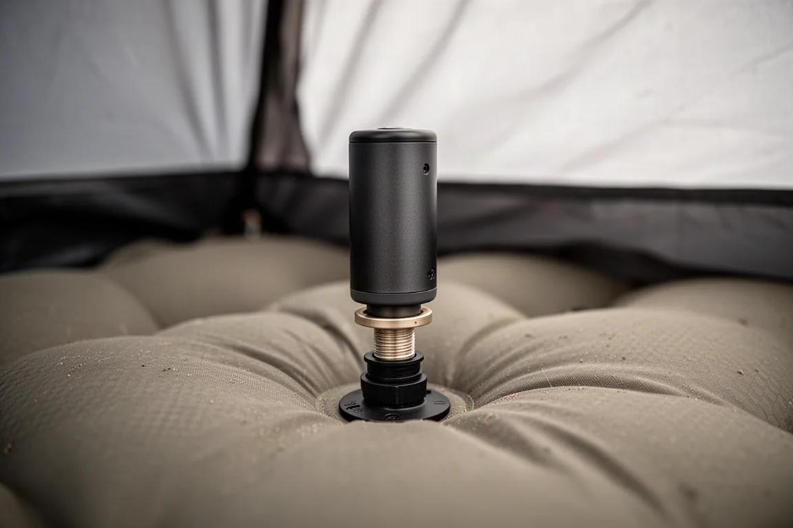 Close-up of a small electric pump seated on a sleeping pad valve inside a tent
