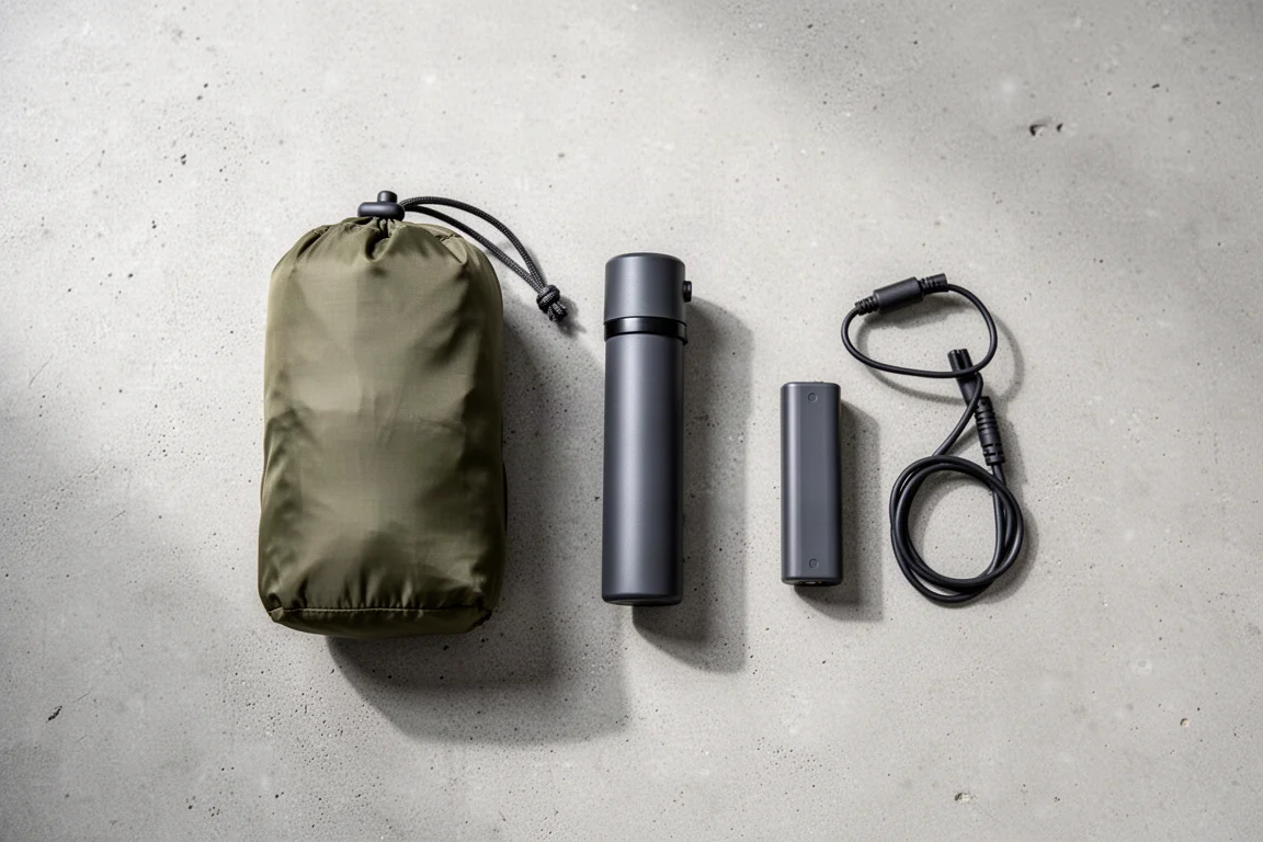 Overhead flat lay of a pump sack, a small electric pump and a battery on concrete