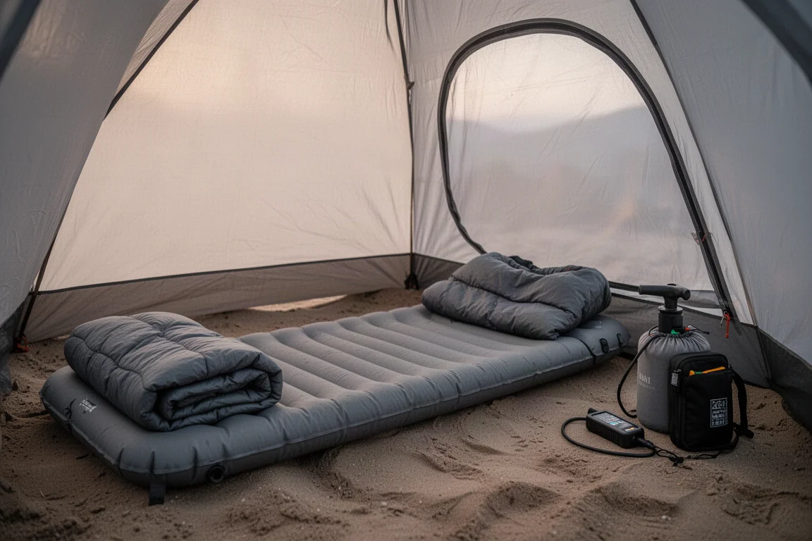 Fully inflated sleeping pad inside a tent at first light with camping gear laid out