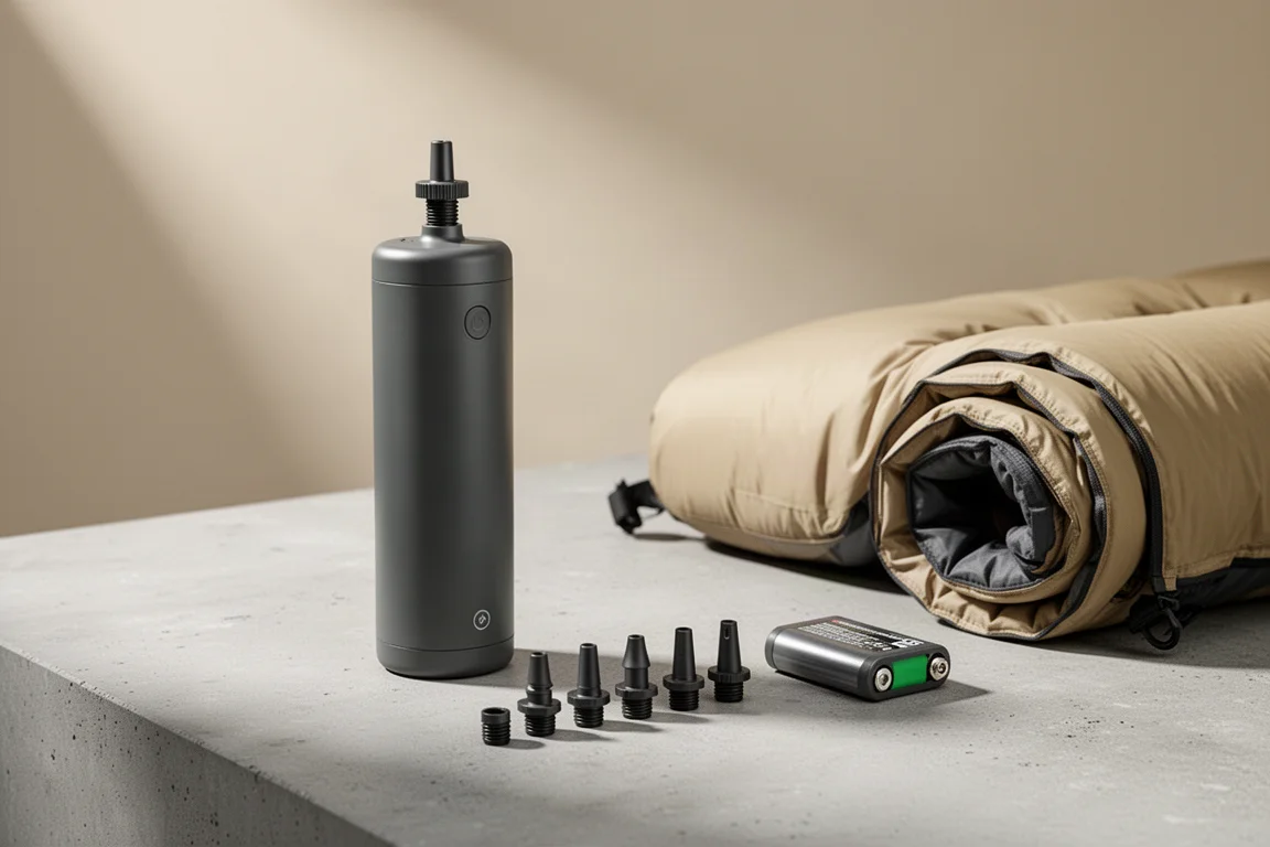 Compact electric sleeping pad pump with six adapters, battery and rolled pad on concrete