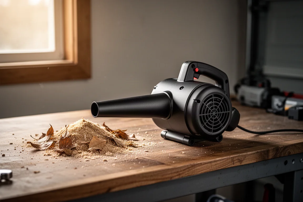 Compact handheld turbo blower resting on a garage workbench next to sawdust