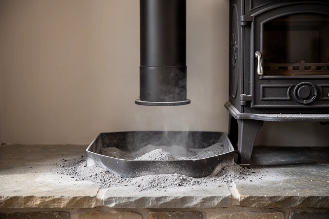 Wood stove area with ash being cleared around a chimney opening