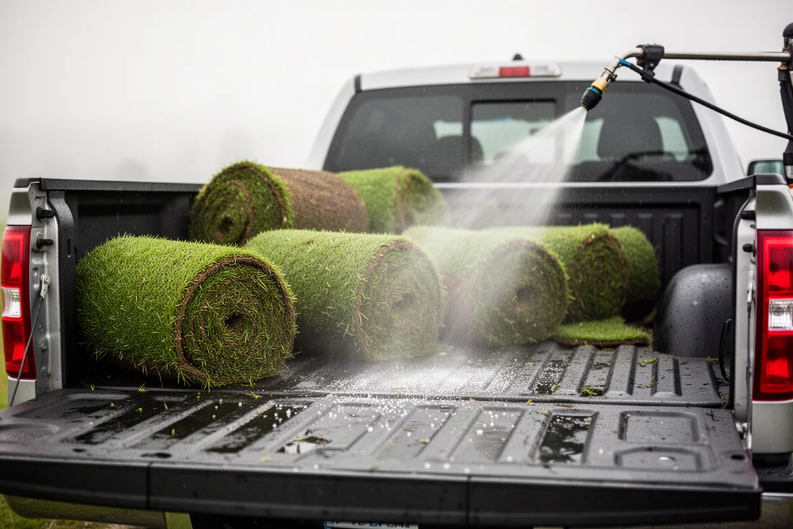 Truck bed with fresh sod being dried by a stream of air