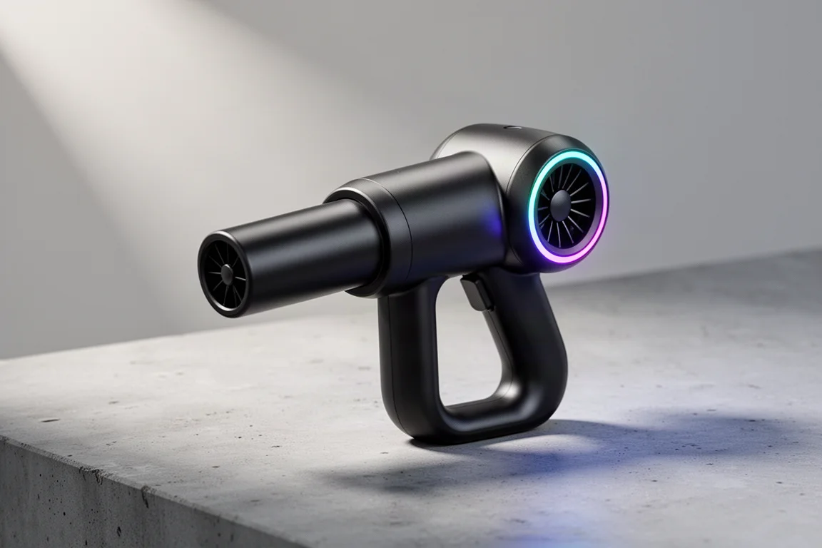 Compact handheld turbo air blower with matte black body on a concrete surface