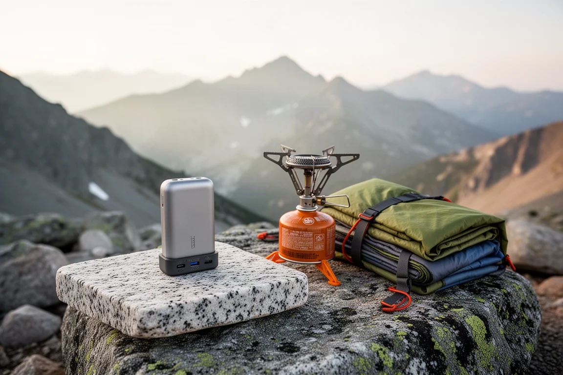 Kleine Powerbank auf einem Felsen an einem Alpencampingplatz neben Trekkingausrüstung