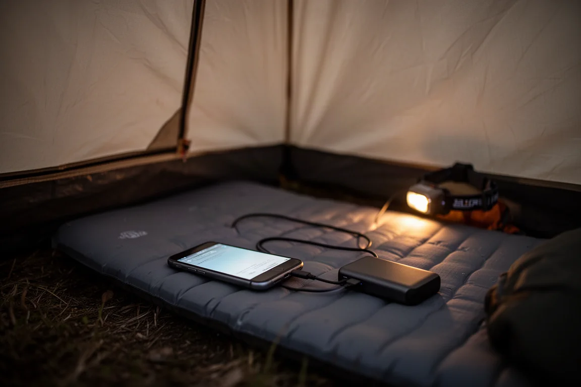Ein Telefon lädt nachts in einem Zelt an einer schlanken Powerbank