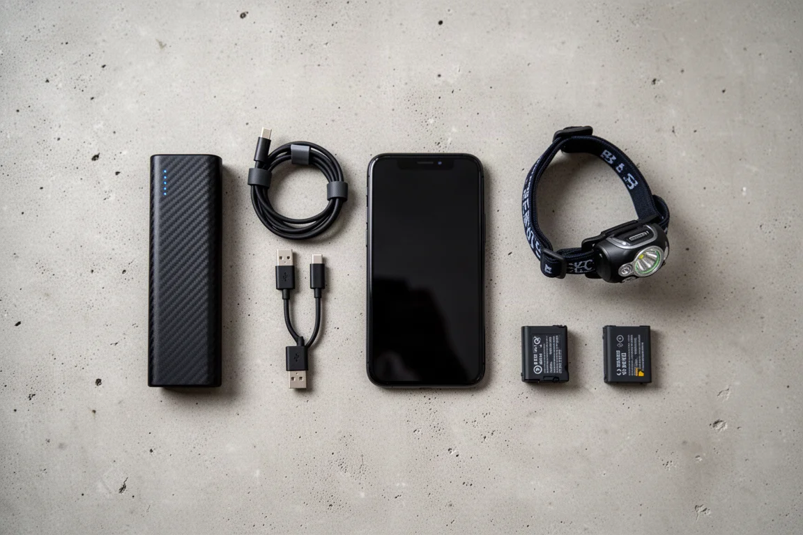 Flache Ansicht von Ultraleicht-Trekkingelektronik einschließlich einer schlanken Powerbank