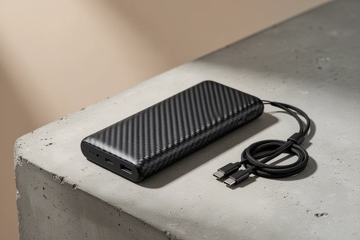Slim carbon fiber power bank with a coiled USB-C lanyard cable on a concrete surface
