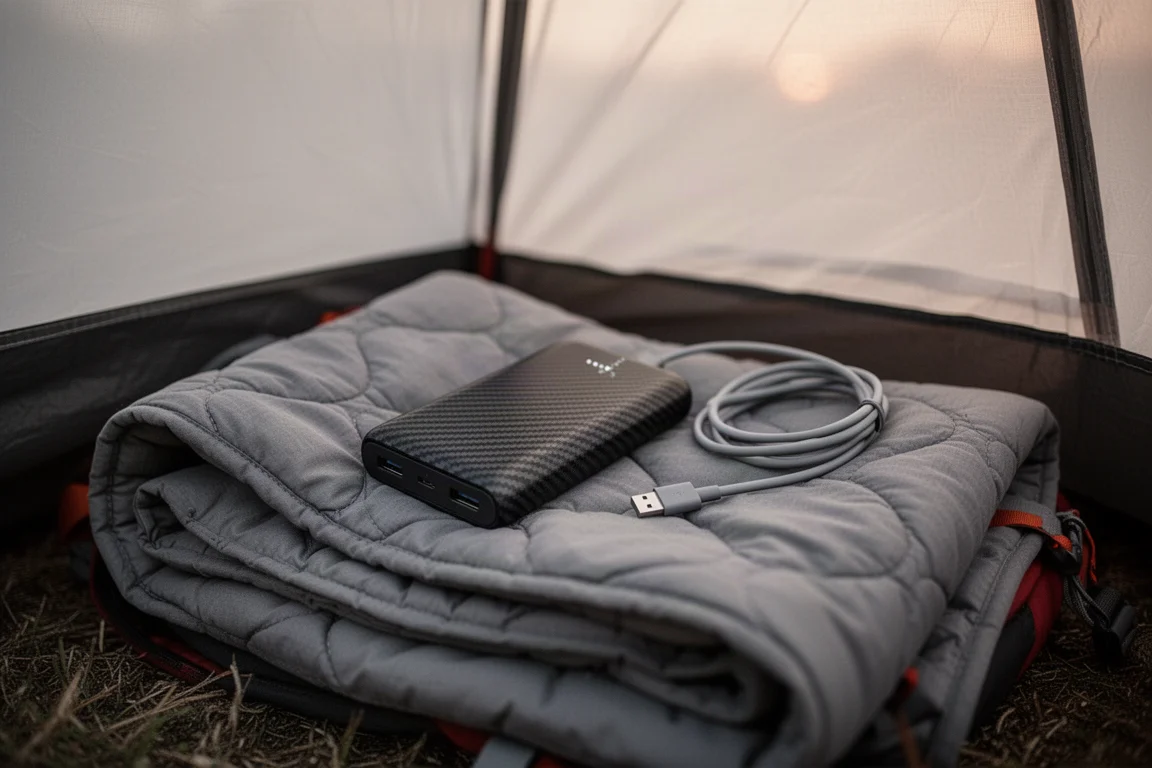 Slim carbon fiber power bank resting on a lightweight backpacking quilt inside a tent