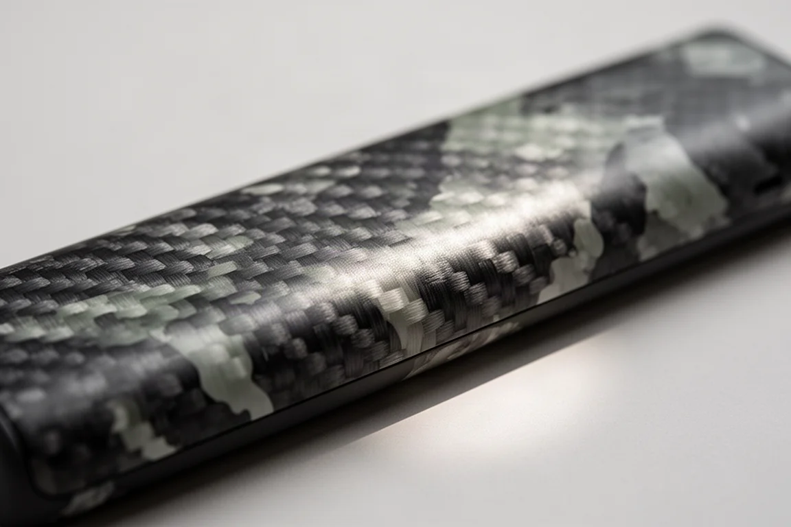 Close-up of a thin carbon fiber power bank showing its woven camo-like surface texture