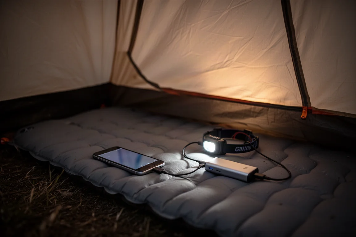 Phone and headlamp charging from a power bank inside a tent at night