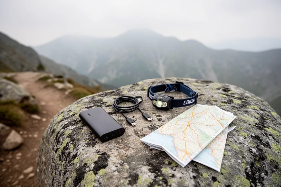 Backpacker arranging lightweight electronics on a rock beside a mountain trail