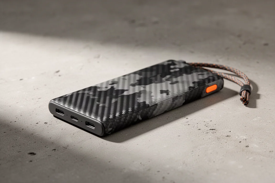 Slim carbon fiber power bank with lanyard cable on a matte concrete surface