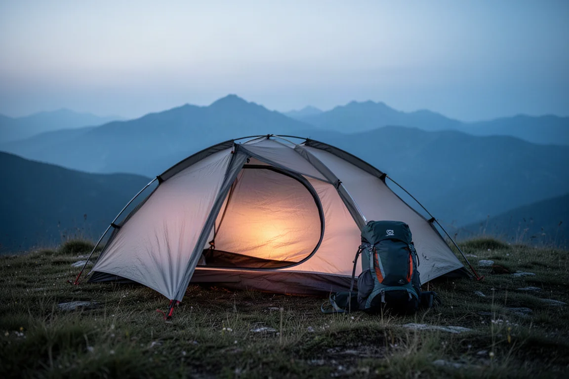 Backpacking tent glowing at dusk on a grassy ridge with mountains beyond