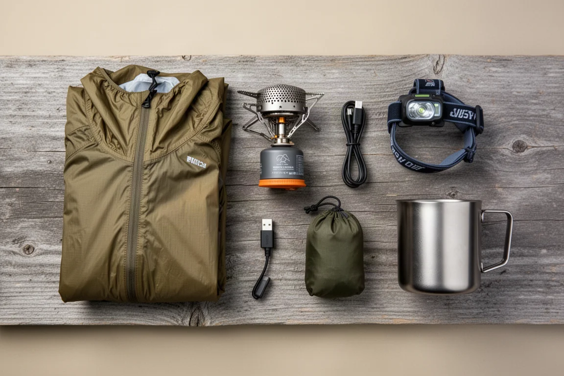 Overhead flat-lay of ultralight backpacking gear arranged on weathered wood