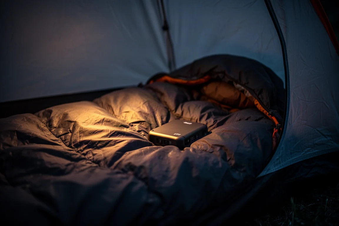 Tent interior at night lit by a soft amber glow beside a sleeping bag
