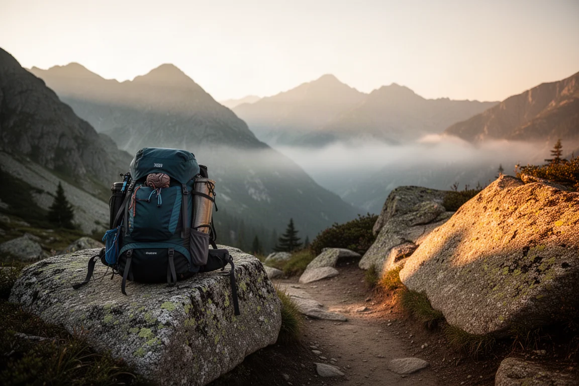 Loaded hiking backpack on a granite boulder beside a mountain trail at sunrise