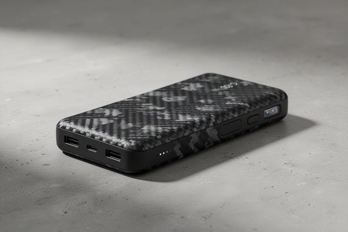 Slim carbon fiber 10,000mAh power bank with dual USB-C ports on matte concrete