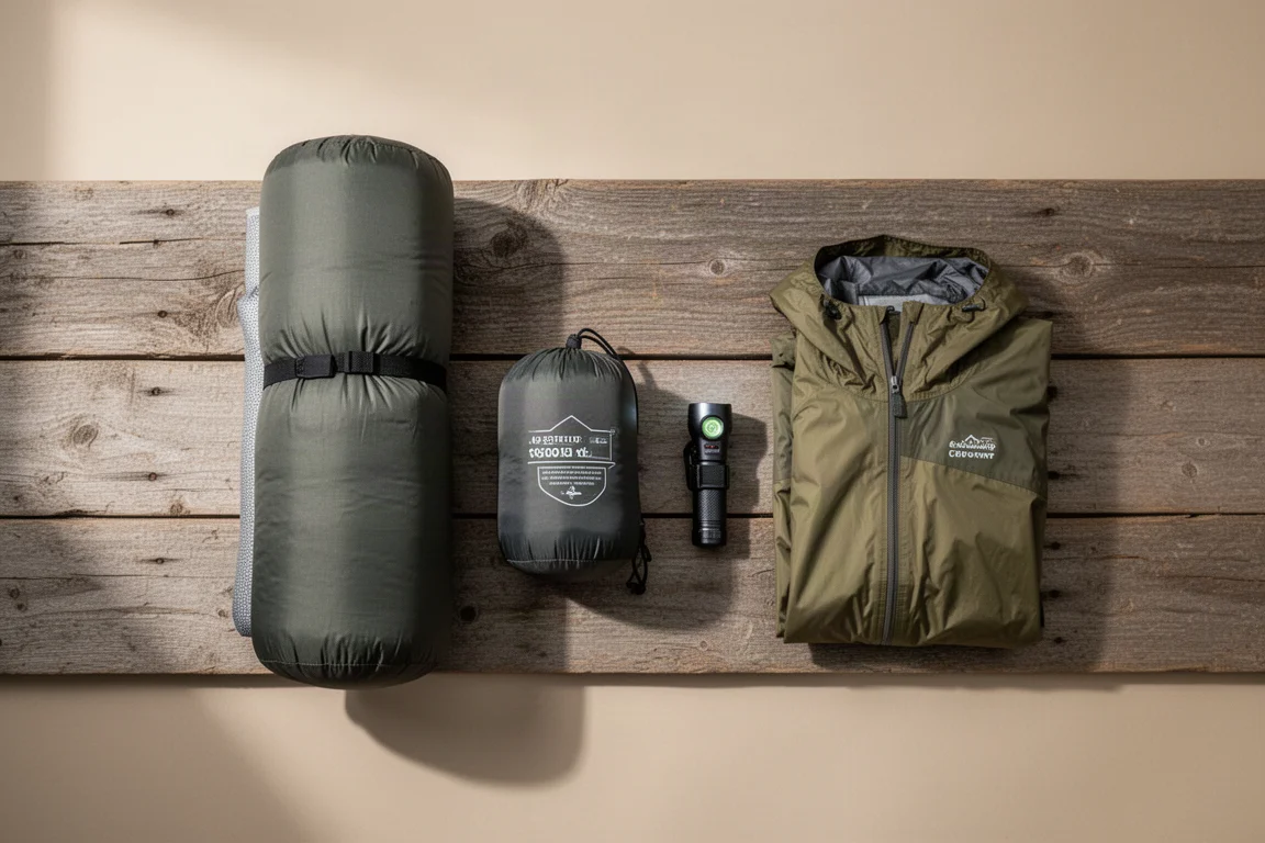 Flat-lay of a lightweight backpacking sleep system on weathered wooden planks