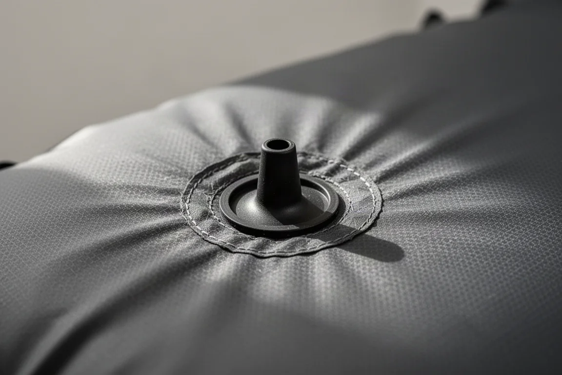 Macro detail of a sleeping pad valve with a small rubber nozzle seated inside