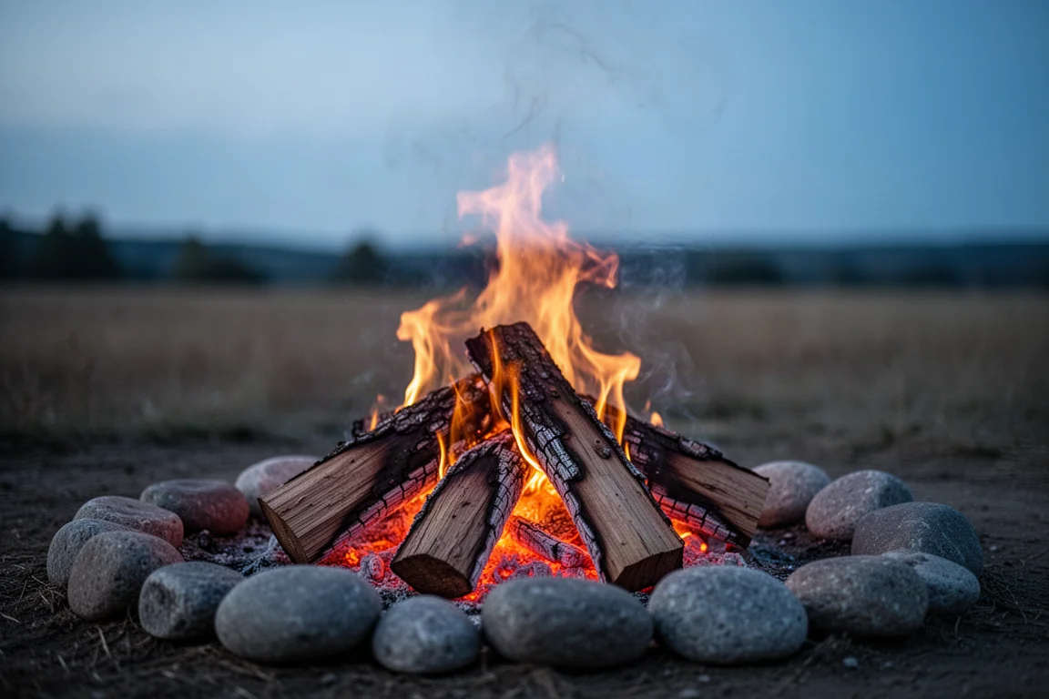Small campfire at dusk with flames around damp logs and rising smoke