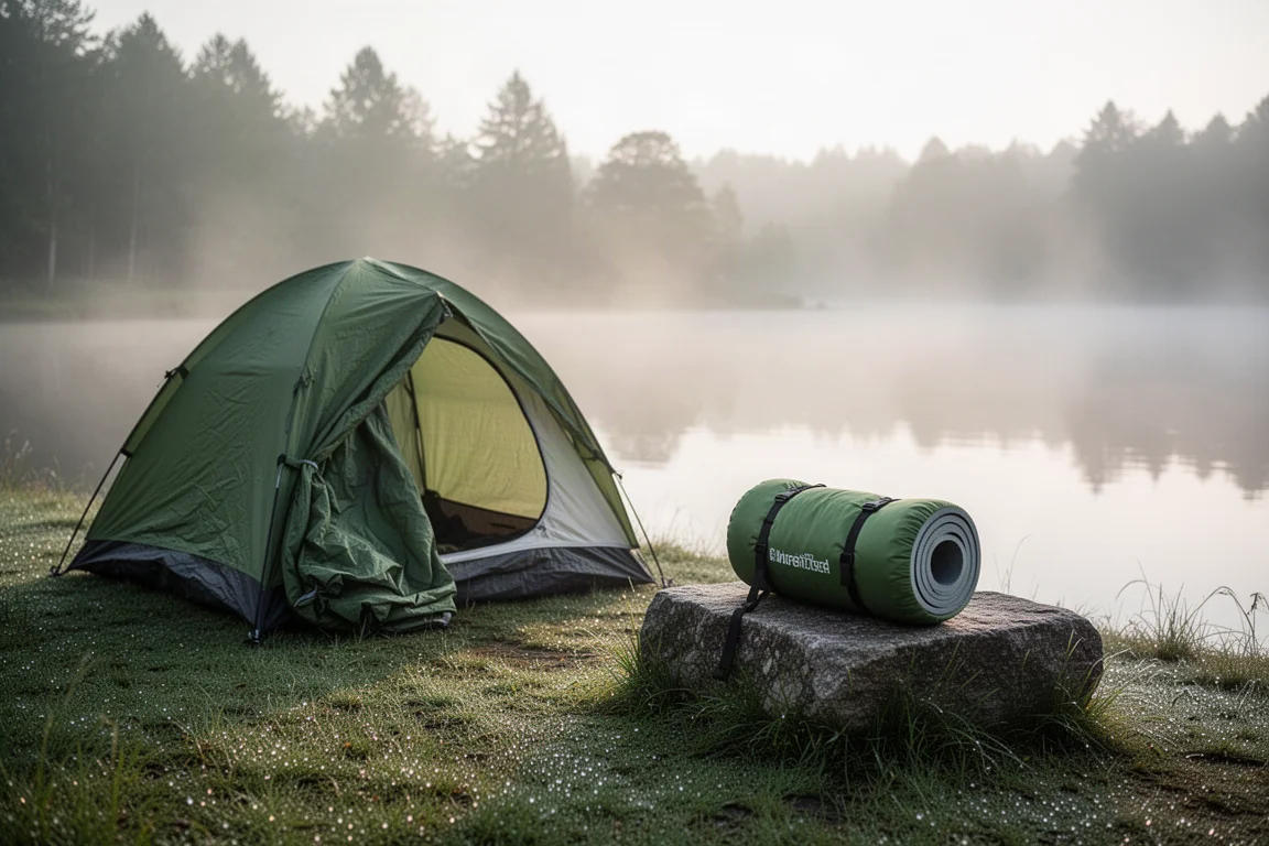 Morning campsite beside a still lake with a rolled sleeping pad and packed tent