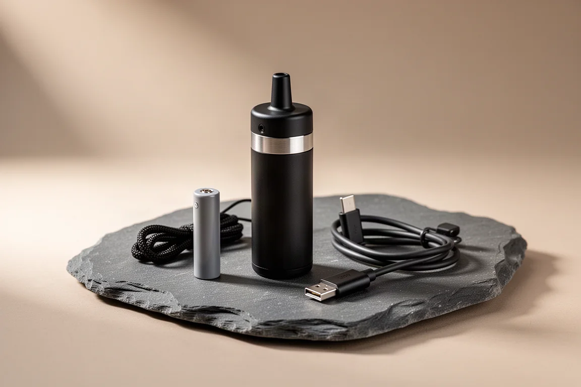 Compact Flextail Zero air pump with battery, lanyard and USB-C cable on slate