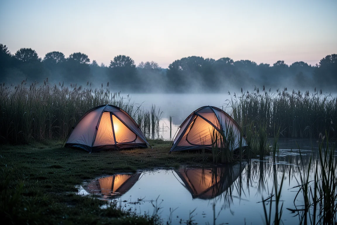 Tenda montata accanto a un lago nebbioso al crepuscolo con canneti in primo piano