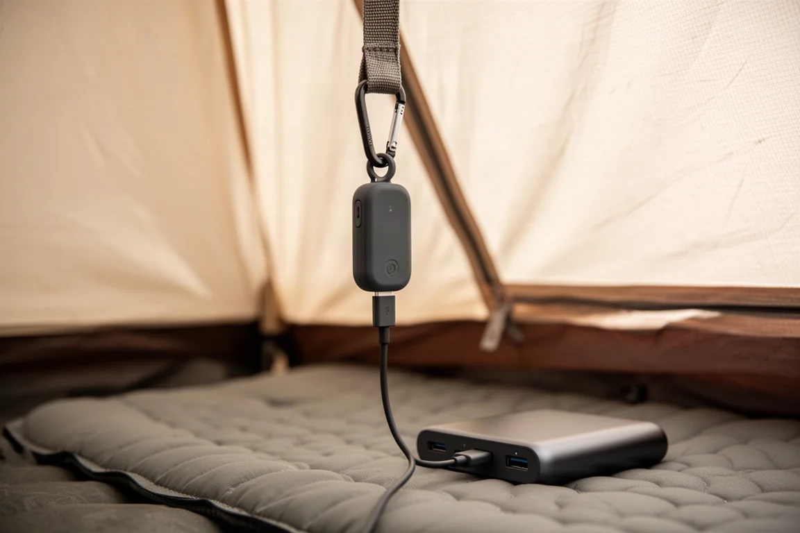 Piccolo repellente elettronico appeso a un passante della tenda sopra un power bank