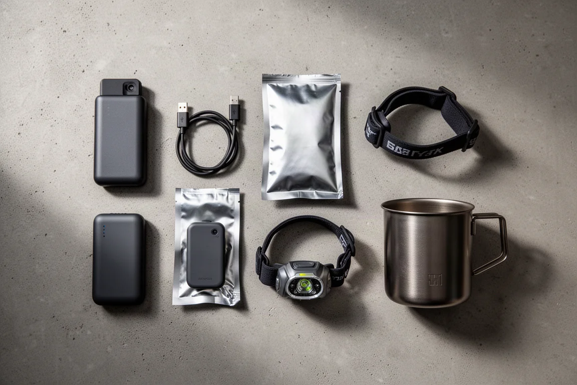 Kit da backpacking disposto in piano con power bank, cavo, busta in alluminio e piccolo dispositivo